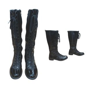 Stuart Weitzman Black Patent Leather Lace Up Tall Boots